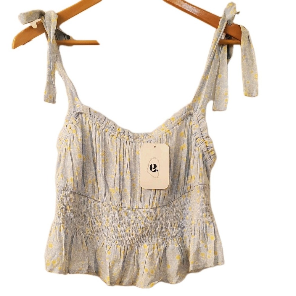 Elodie Tank Cami L Blue & Yellow Floral NWT Fabric Strap Tie Elastic Smocked Top